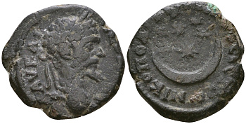 Римская Империя, Провинция Нижняя Мезия, Никополь-на-Истре AE 193 - 211 Септимий Север, бюст императора / полумесяц, звезды Mouchmov 986 бронза 1100-7-72