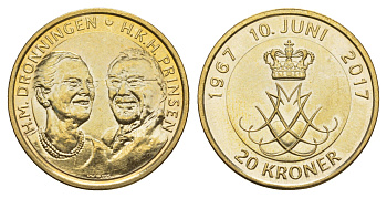 Дания 20 крон 2017 Золотая свадьба KM 966 алюминиевая бронза UNC 4648-936