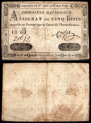 Франция 5 ливров 1791 Pick A42 бумага 7183-40-2-2