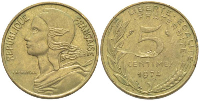 ФРАНЦИЯ 5 САНТИМОВ 1974 ТИП MARIANNE KM 933, LE FRANC 125.10 алюминиевая бронза 116-445