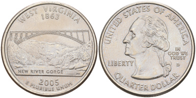 США 25 центов = квотер 2005 D, серия штаты США, Западная Вирджиния KM 374 медь плакированная медно-никелем 190-431