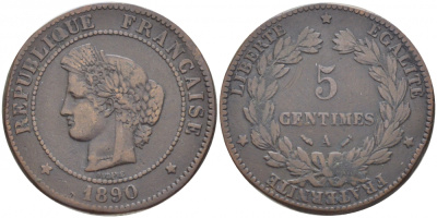 ФРАНЦИЯ 5 САНТИМОВ 1890 A, ТРЕТЬЯ РЕСПУБЛИКА (1871-1940) KM 821.1, LE FRANC 118.33 бронза 4448-147