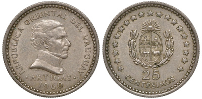 Уругвай 25 сентесимо 1960 KM 40 медно-никель 4169-1016