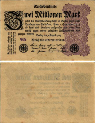 ГЕРМАНИЯ 2000000 МАРОК 1923 9 АВГУСТА 1923, ВОДЯНОЙ ЗНАК G, СЕРИЯ WB Pick 104с, Rosenberg 103d бумага 6299-33-2-2