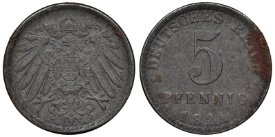 Германия 5 пфеннигов 1921 A KM 19, J. 297, Weege 5 железо 4118-1113