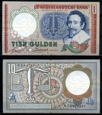 Нидерланды 10 гульденов 1953 23 марта 1953, Hugo de Groot Pick 85 бумага 2195-11-1-2