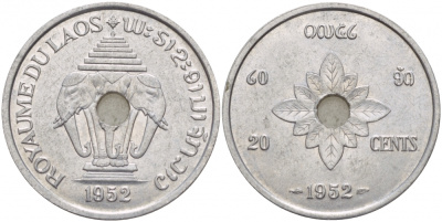 Лаос 20 центов 1952 король Сисаванг Вонг (1904-1959), слоны KM 5 алюминий 4545-513