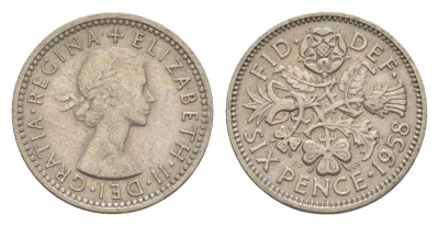 Великобритания 6 пенсов 1958 Елизавета II (1952-2022) KM 903, Spink 4149 медно-никель 4615-438