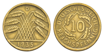 Германия 10 рейхспфеннигов 1935 D KM 40, J. 317 алюминиевая бронза 4549-921