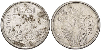 БРАЗИЛИЯ 5 КРУЗЕЙРО РЕАЛ 1993 РЕФОРМА 1993-1994, ПОПУГАИ АРА KM 627 нержавеющая сталь 4388-245