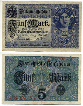 Германия 5 марок 1917 8 значный номер, серия G Pick 56 b бумага UNC (пресс) 8613-51-2-2