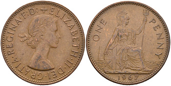 Великобритания 1 пенни 1967 Елизавета II (1952-2022) KM 897, Spink 4157 бронза 4572-1011