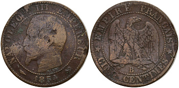 Франция 5 сантимов 1854 B, Наполеон III (1852-1870) KM 777.1, Le Franc 116 бронза 4187-1023
