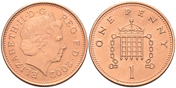 Великобритания 1 пенни 2002 Елизавета II (1952-2022) KM 986, Spink 4710 (B5) сталь плакированная медью 4588-556
