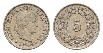 Швейцария 5 раппенов 1949 B KM 26 медно-никель 4611-666