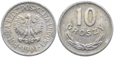 ПОЛЬША 10 ГРОШЕЙ 1961 MW KM АА47 алюминий 112-369