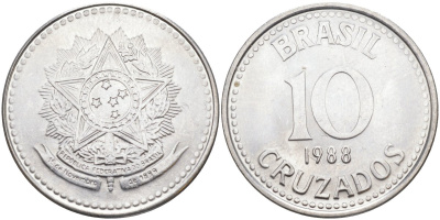 Бразилия 10 крузадо 1988 реформа 1986-1989 KM 607 нержавеющая сталь 219-834