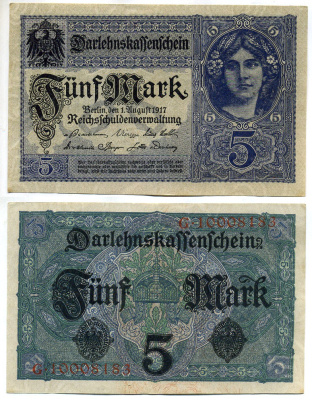 Германия 5 марок 1917 8 значный номер, серия G Pick 56 b бумага UNC (пресс) 8613-51-2-2