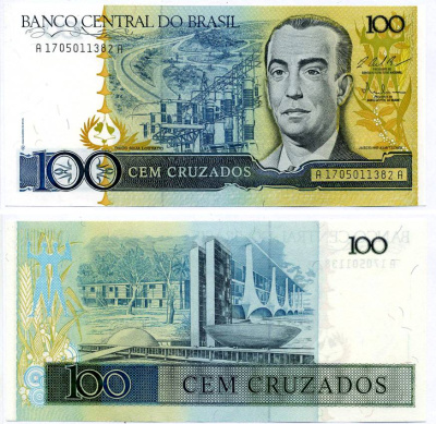 БРАЗИЛИЯ 100 КРУЗАДО 1987 ПОДПИСЬ 25 Pick 211с бумага UNC (ПРЕСС) 7484-30-1