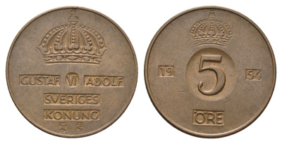 Швеция 5 эре 1954 Густав VI Адольф (1950-1973) KM 54.3 бронза 4648-815