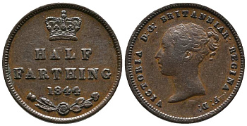Великобритания 1/2 фартинга 1844 Виктория (1837-1901) KM 738, Spink 3951 медь 1518-335