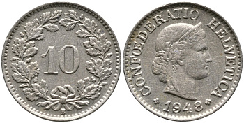 ШВЕЙЦАРИЯ 10 РАППЕНОВ 1948 В KM 27 медно-никель 4539-444