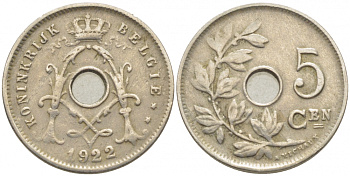 БЕЛЬГИЯ 5 САНТИМОВ 1922 BELGIE KM 67 медно-никель 112-235