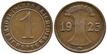 ГЕРМАНИЯ 1 РЕЙХСПФЕННИГ 1925 G KM 37, J. 313 бронза 39-861