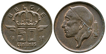 БЕЛЬГИЯ 50 САНТИМОВ 1958 BELGIE KM 149.1 бронза 4110-1657