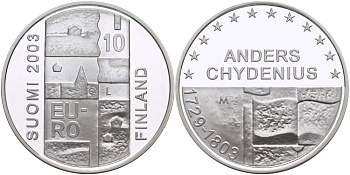 Финляндия 10 евро 2003 200 лет со дня смерти Андерса Чудениуса KM 110 серебро PROOF 1084-9-32