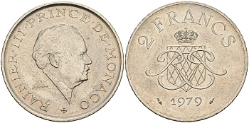 Монако 2 франка 1979 Ренье III (1949-2005) KM 157 никель 92-627
