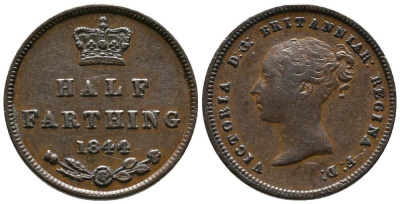 Великобритания 1/2 фартинга 1844 Виктория (1837-1901) KM 738, Spink 3951 медь 1518-335