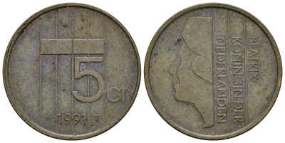 НИДЕРЛАНДЫ 5 ЦЕНТОВ 1991 БЕАТРИКС KM 202 бронза 72-1446