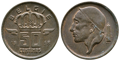 БЕЛЬГИЯ 50 САНТИМОВ 1958 BELGIE KM 149.1 бронза 4110-1657