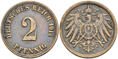 ГЕРМАНИЯ 2 ПФЕННИГА 1914 A KM 16, Jager 11, Weege 4 медь 4546-733