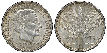 Уругвай 20 сентесимо 1954 Хосе Хервасио Артигас KM 36 серебро 4163-712