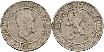 Бельгия 20 сантимов 1861 Belges KM 20 медно-никель 190-743
