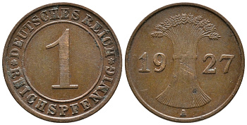 ГЕРМАНИЯ 1 РЕЙХСПФЕННИГ 1927 A KM 37, J. 313 бронза 39-947