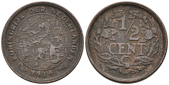 Нидерланды 1/2 цента 1916 Вильгельмина (1890-1948) KM 138 бронза 4576-368