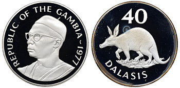 Гамбия 40 даласи 1977 защита дикой природы - трубкозуб, в коробке KM 18 серебро PROOF 7-4-1-45