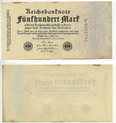 Германия 500 марок 1922 зеленая серия L, 7 цифр в номере Pick 74 b бумага 434-24-2-2