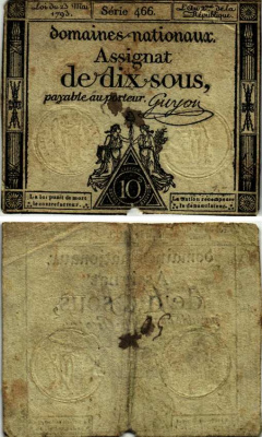 ФРАНЦИЯ 10 СОЛЕЙ 1793 23 МАЯ 1793, ВОДЯНОЙ ЗНАК RF/Xs, СЕРИЯ 466 Pick A68b бумага 7183-42-1-2