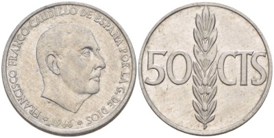 Испания 50 сентимо 1966 (68) Франсиско Франко (1939-1975) KM 795 алюминий 4551-946