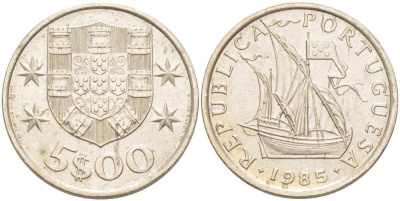 Португалия 5 эскудо 1985 парусник KM 591 медно-никель 4513-1057