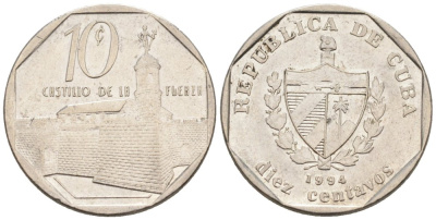 Куба 10 сентаво 1994 форт в Гаване Ла-Фуэрса KM 576 никелированная сталь 4576-965