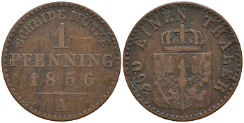 Пруссия 1 пфенниг 1856 A, Фридрих Вильгельм IV (1840-1861) KM 451 медь 4532-224