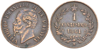 Италия 1 чентезимо 1861 M, Виктор Эммануил II (1861-1878) KM 1.1 медь 4516-1027