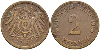 ГЕРМАНИЯ 2 ПФЕННИГА 1906 A KM 16, J. 11, Weege 4 медь 206-523