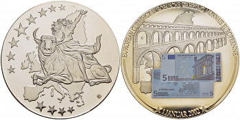 Нидерланды медаль 2002 похищение Европы, купюра 5 евро, серебрение, цветная эмаль, диаметр 50 мм., вес 54 гр.  медно-никель  PROOF  01-237-12