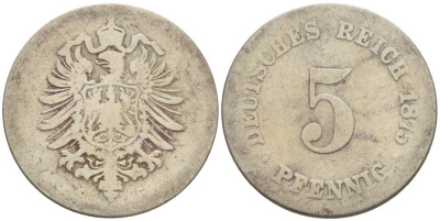 ГЕРМАНИЯ 5 ПФЕННИГОВ 1875 G, СТАРОГЕРБОВКА KM 3, J. 3 медно-никель 4516-721